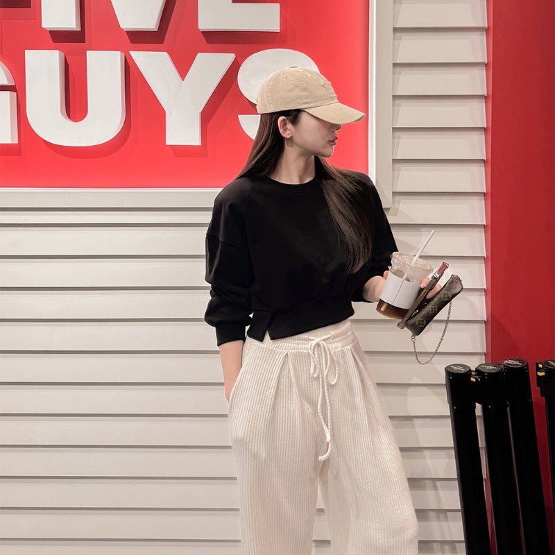 2026 Spring and Autumn New Style Sweatshirt with Slit Hem Design, Sweet and Petite, Long-Sleeved, Pure Cotton, Solid Color, High-End Niche Women's Sweatshirt