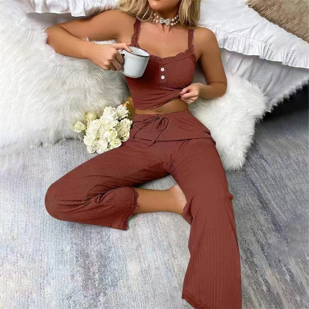 Cross-Border Casual Pajamas Lace Trim Camisole and Long Pants European and American Women's Loungewear Two-Piece Set Custom Sexy Lace