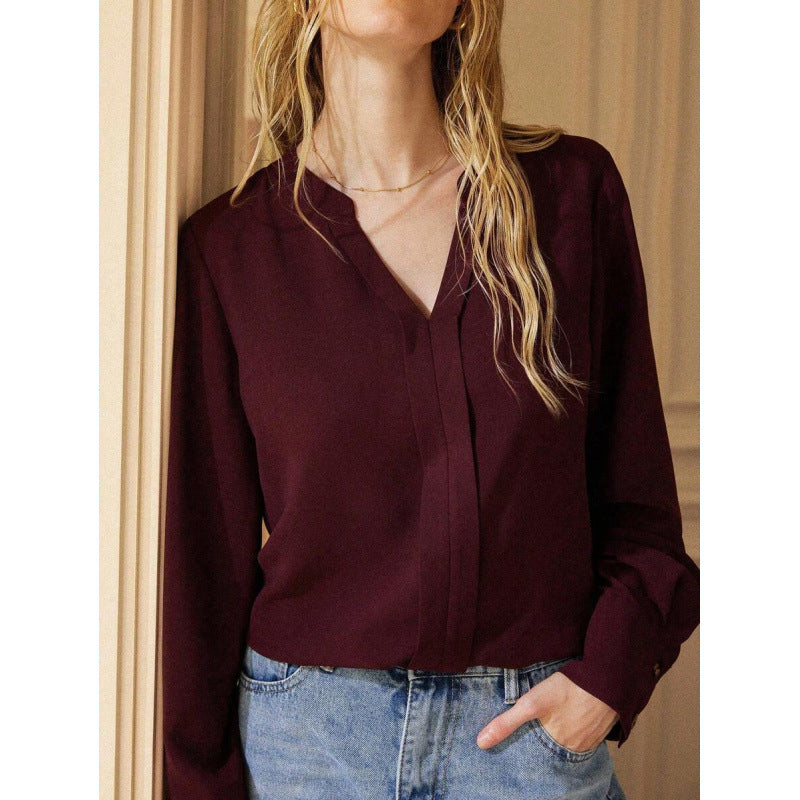 Foreign Trade New Cross-Border Blouses Pure Color Slit Button Cuff Shirt Long-Sleeved Top