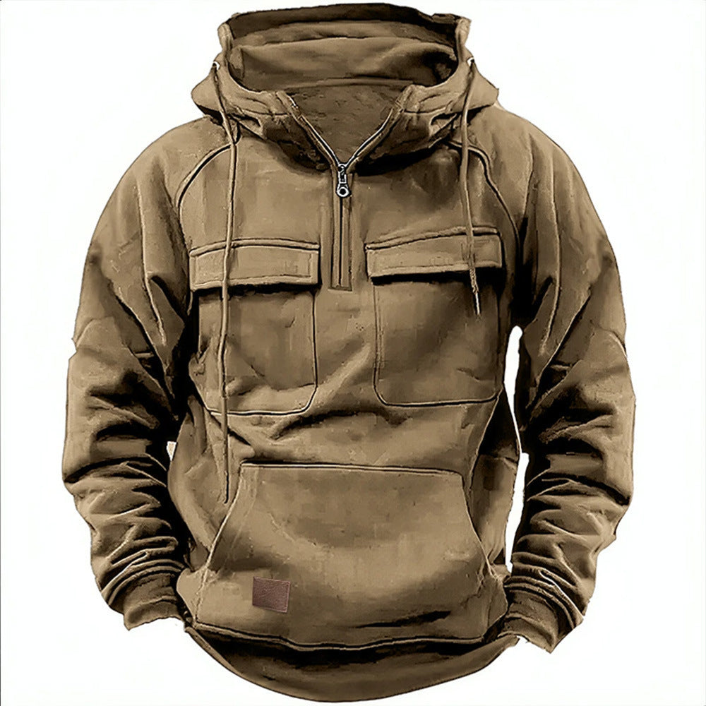 Cross-Border Men's Half-Zip Hooded Sweatshirt, Retro Workwear with Multiple Flap Pocket Pantss, Loose Casual Pullover Hoodie