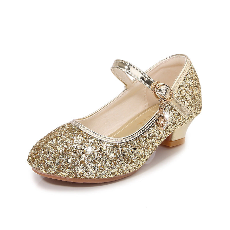 Children's High Heels Women's Shoes New Fashion Students Silver Sequins Performance Shoes Women's Etiquette Flower Children's Shoes