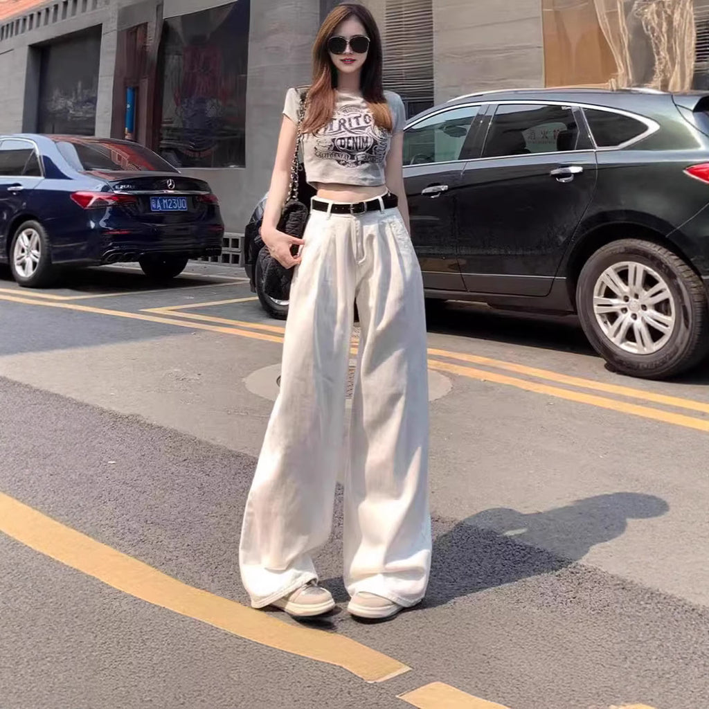 White Wide-Leg Jeans for Women, Summer Thin Fashion Slimming Loose Casual Pleated Drape Versatile Floor-Length Pants
