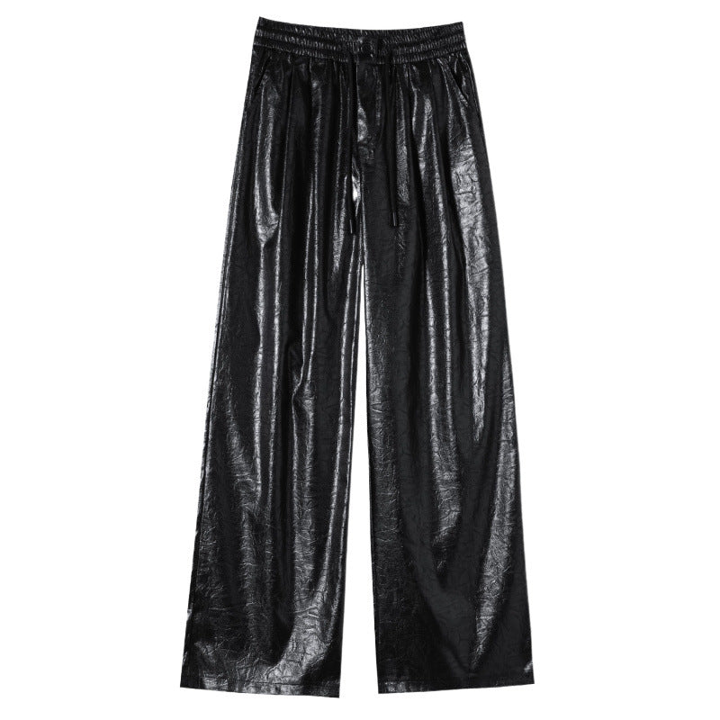 Real shot in stock fashion cool leather pants women 2024 autumn and winter new high waist fleece-lined PU leather texture sense wide leg pants women