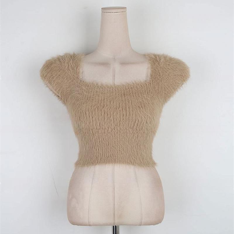 South Korea's Dongdaemun New Style Furry Comfortable Short-Sleeved Square Collar Slim Short Style Figure-Flattering Versatile Knitwear T-Shirt for Women