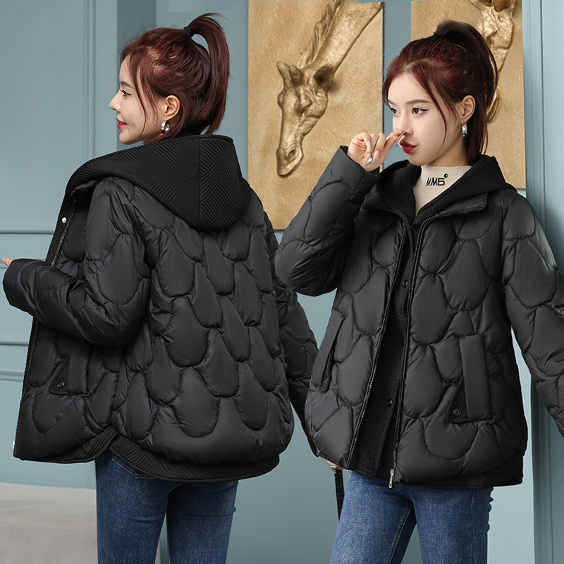 Hooded fake two-piece down cotton clothes women's clothing New Year short corrugated frayed high-end off-season cotton-padded jacket coat fashion