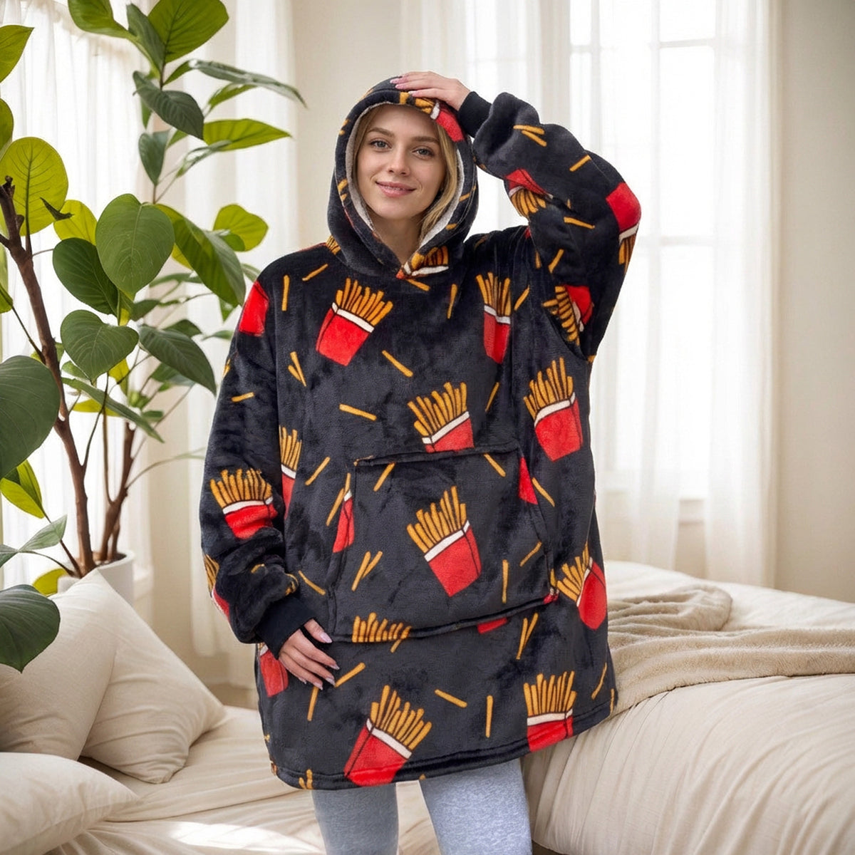 2021 Winter Fleece-Lined Thickened Navy Blue and Dark Gray Zip-Up Lazy Blanket Long-Sleeve Casual Flannel Hoodie