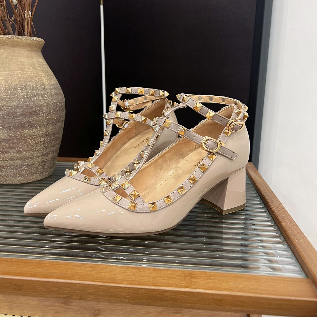 Increased 8cm Patent Leather Rivet Pointed High Heels Women's 2025 Spring New Sexy Foot Ring Buckle with Chunky Heel Single-layer Shoes