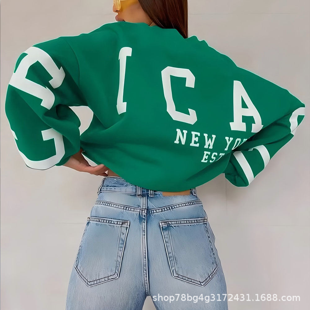 Autumn and Winter New Sweatshirt Women's Clothing Amazon Hot-Selling Loose Top Long-Sleeved Fleece-Lined Color-Blocked Ribbed Sweatshirt for Women