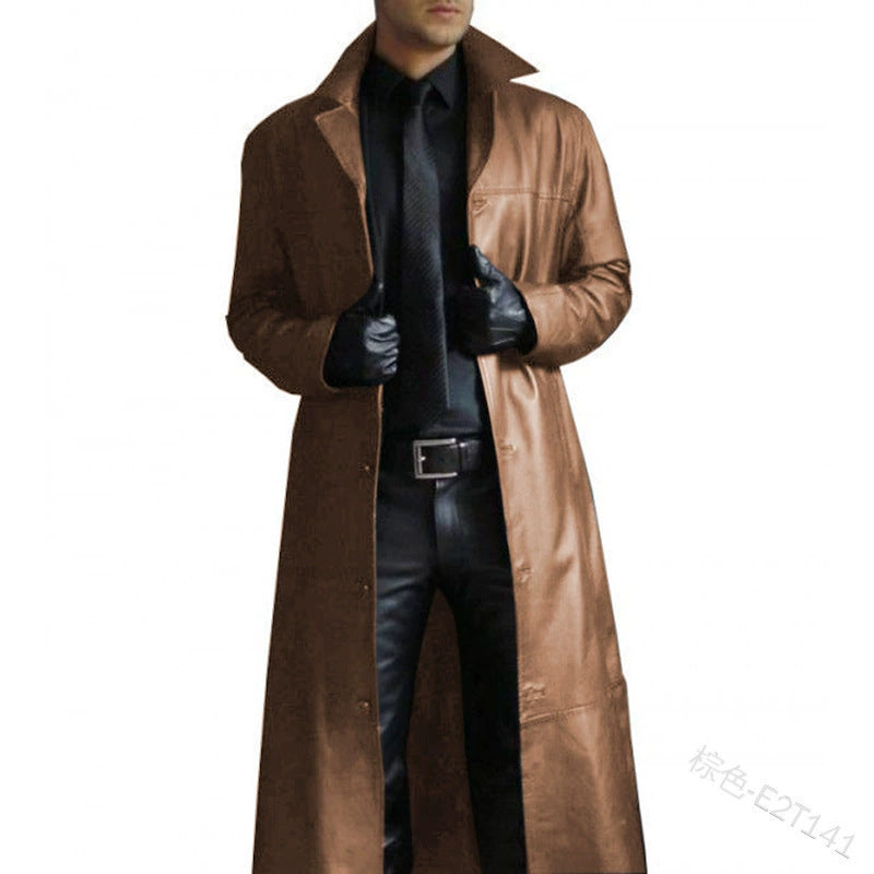 American Casual Western Cowboy Long Leather Windbreaker Men's Slim Lapel Pu Leather Jacket Cos Clothing Leather Outwear