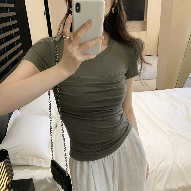 Alibaba Tencel Wool Skin-Friendly Right Shoulder Slim Short-Sleeved T-Shirt for Women Summer 2025 New American Hot Girl Top