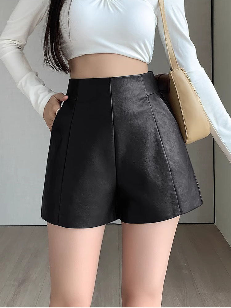 Pu Leather Shorts for Women 2023 Spring and Summer New A-Line Leather Pants Slimming High-Waisted Loose Wide-Leg Petite Boot Shorts