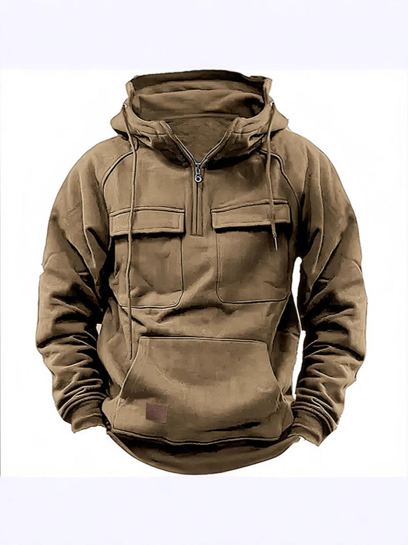 Cross-Border Men's Half-Zip Hooded Sweatshirt, Retro Workwear with Multiple Flap Pocket Pantss, Loose Casual Pullover Hoodie