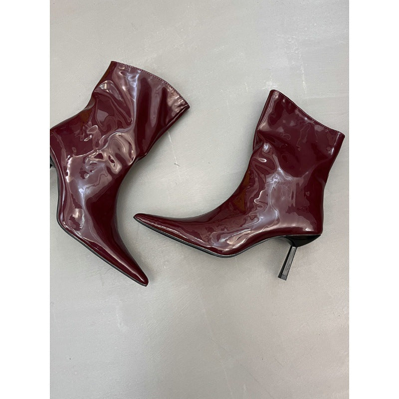 Pointed Toe Patent Leather Red Short Boots for Women 2025 Spring & Fall New Slim Stiletto Short Boots High Heels Slim Boots Nude Boots