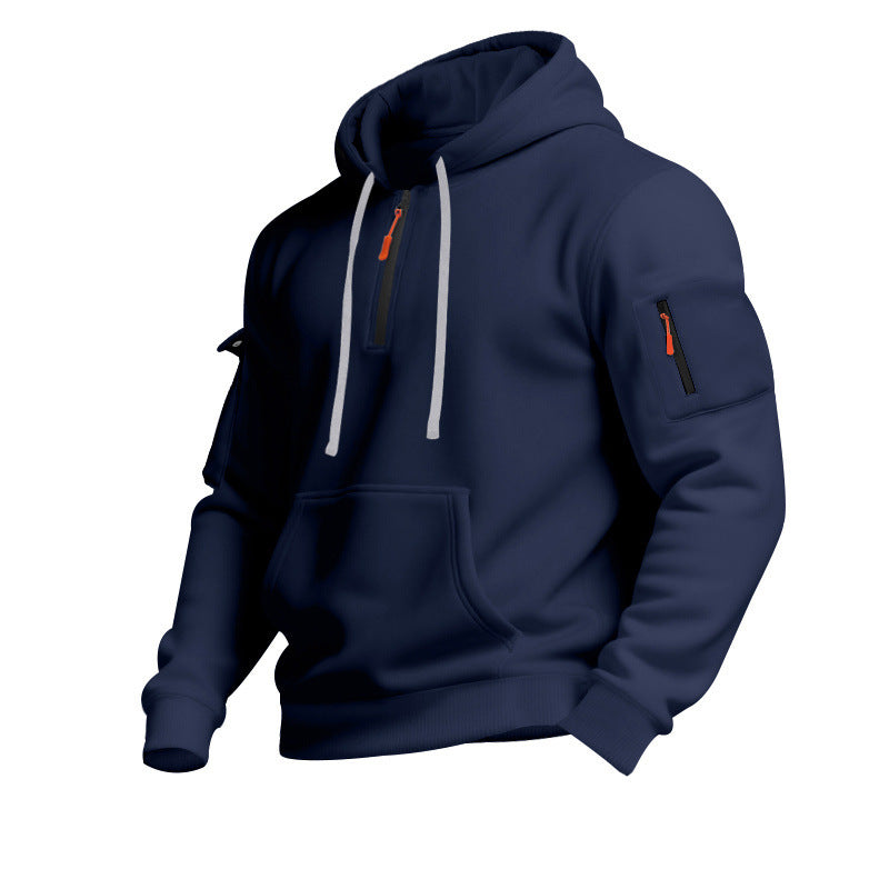 Casual Pullover Sweatshirt with Multiple Zipper Arm Pockets for Autumn and Winter, Large Size, Fleece-Lined Hoodie for Men