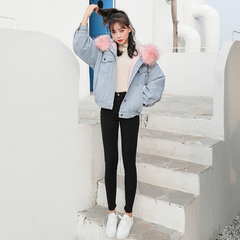 Women's Winter Short Jacket 2026 Korean Style Hooded Cotton-Padded Jacket Thickened Fleece Denim Jacket Women's Winter Thick Cotton Coat