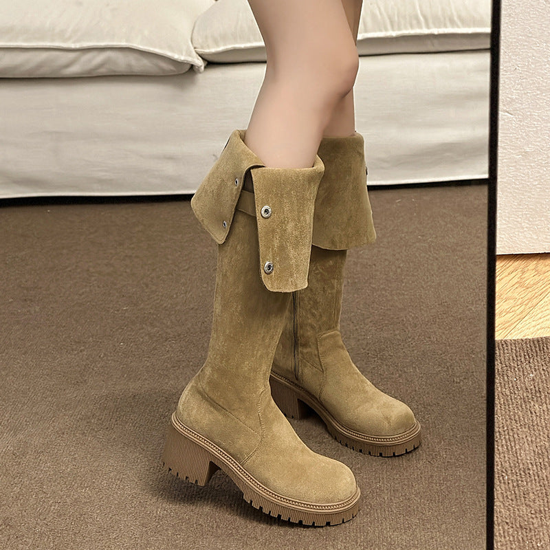 Foldable Over-The-Knee Stretch Boots for Women, New Korean Style Suede Fashionable Elegant Riding Boots with Thick Heels, Fashion Boots Wholesale