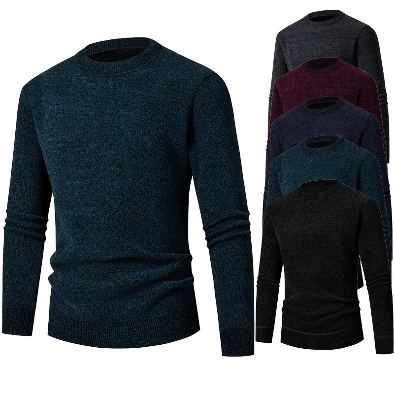 2024 Amazon Foreign Trade Winter Men's Business Casual Chenille Sweater Crewneck Long Sleeve fleece-lined Base Shirt