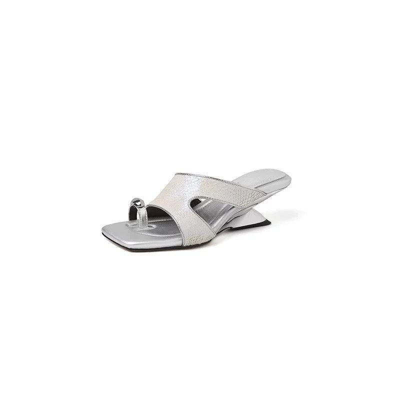 Niche Design Deep Sea Fish Skin Mermaid Fantasy High Heels Women's Summer Retro Square Toe Elegant Wedge Heel Flip-Flops