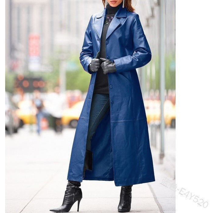 Ready-Made Cross-Border Supply European and American Clothing Buttoned Leather Jacket Long Outwear Slim Large Size Leather Windbreaker Wholesale