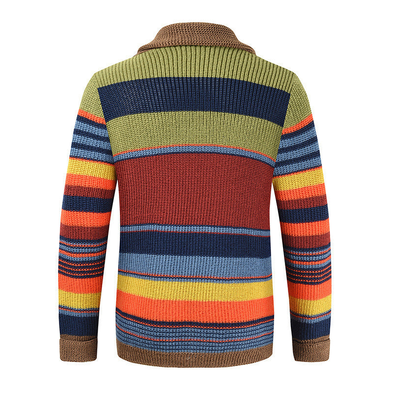 Men's Rainbow Sweater Aliexpress New European and American Sweater Jacket Autumn and Winter Lapel Color Block Knitted Cardigan Ready in Stock