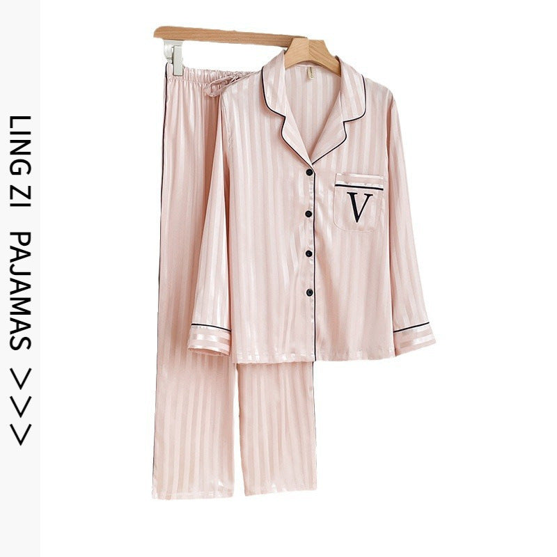 2525 New Summer Ice Silk Women's Pajamas V-Neck Thin Large V Printed Pants Long-Sleeved High-End Home Clothes