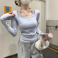 Pure Desire Gentle Style Long Sleeve T-Shirt for Women 2025 Autumn/Winter Halter Neck Fake Two-Piece Design Ruched Short Top