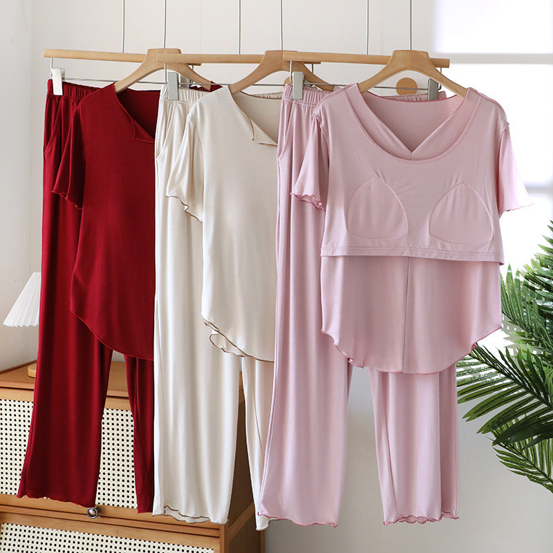 Ruffled Pajamas for Women Summer Thin Modal Short-Sleeved Pants Casual with Chest Pads Can Be Worn Outside Home Clothes Set