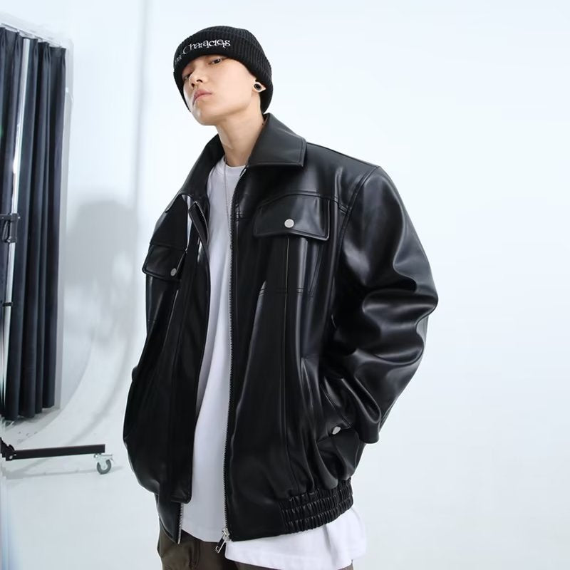 Korean Style Fashionable Handsome Loose Leather Jacket Men's Casual Leather Jacket Spring and Autumn New Men's Duffy Handsome Street Lapel Jacket