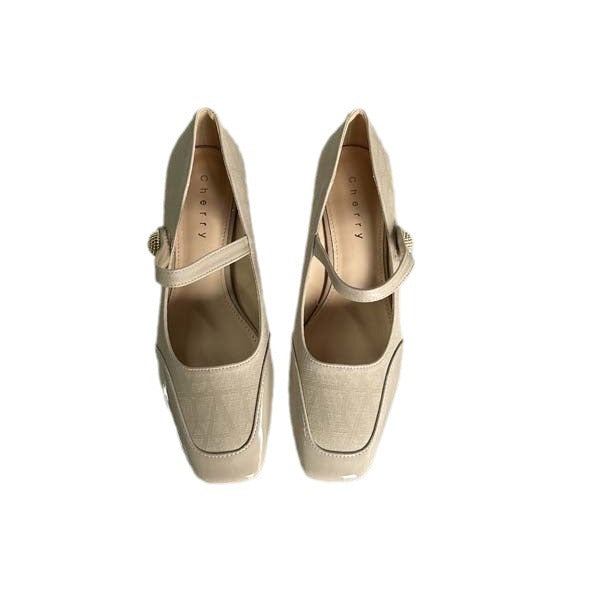 girls 2024 New Fashion High-Heeled Shoes, Chunky Heel Single Shoes, French-Style Magic Buckle, Square Toe, Pointed Toe, Mid-Heel, Fashionable and Versatile