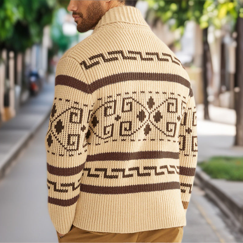 Autumn and Winter New Men's Fashion Lapel Casual Cardigan Jacket Long-Sleeved Slim Jacquard Knitted Sweater Sy0013
