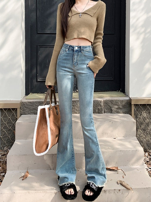 Raw Hem Pear-Shaped Body Shape Flared Jeans for Women, Spring and Autumn Design, 2025 New High-Waisted Slimming Raw Hem Bootcut Pants
