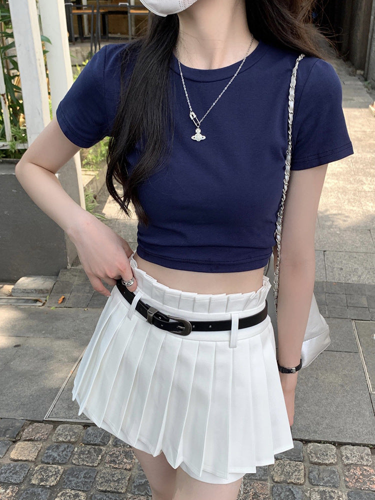 Black Straight-Shoulder Round-Neck T-Shirt for Women, Simple Basic Top, Summer Slim-Fit American Style Short-Sleeve Tee