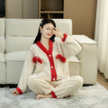 Pajamas Women's Autumn and Winter New Lazy Style V-neck Long-sleeved Princess Style Dormitory Warm Coral Fleece Home Clothes for Outer Wear