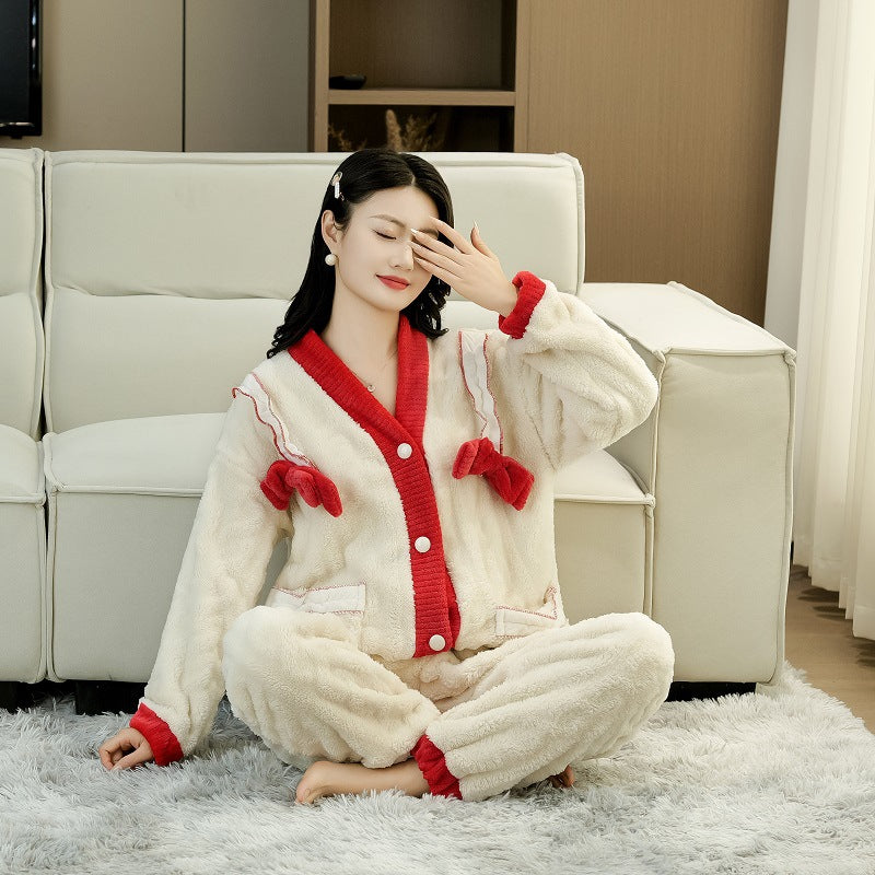 Pajamas Women's Autumn and Winter New Lazy Style V-neck Long-sleeved Princess Style Dormitory Warm Coral Fleece Home Clothes for Outer Wear