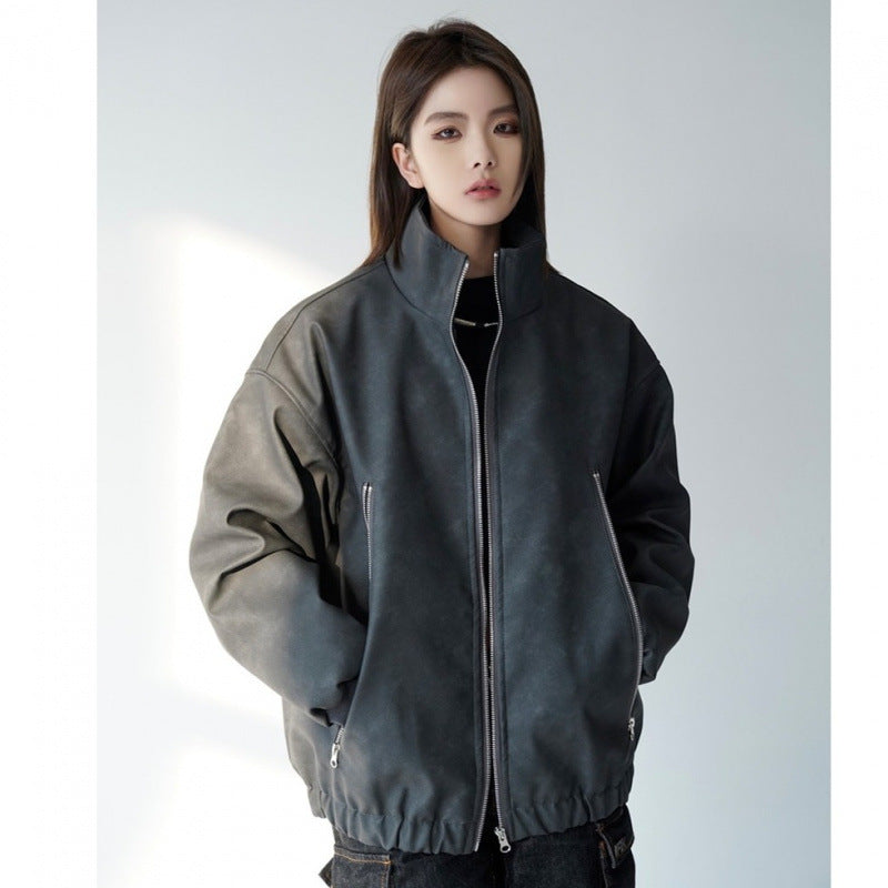 Men's and women's American style retro distressed PU leather cotton-padded jacket women's 2024 new winter cotton padded coat