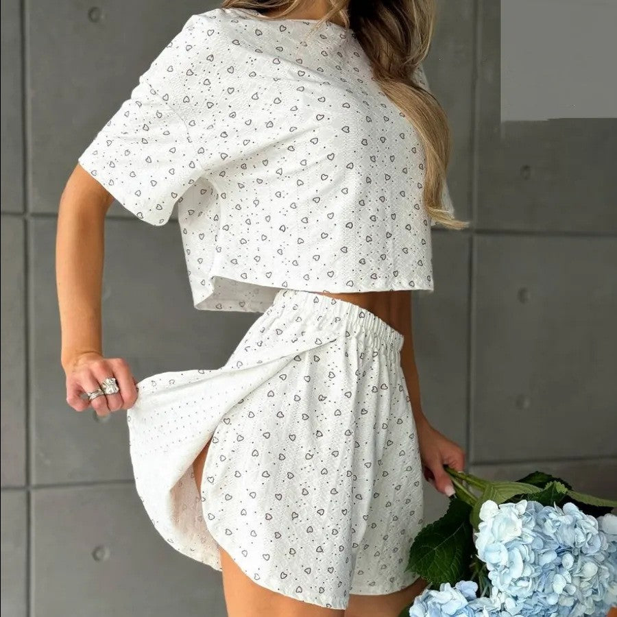 Women's Pajamas with Hollow-Out Breathable Print, Sexy Split Shorts, Round Neck Top Set, Loungewear for Home Comfort