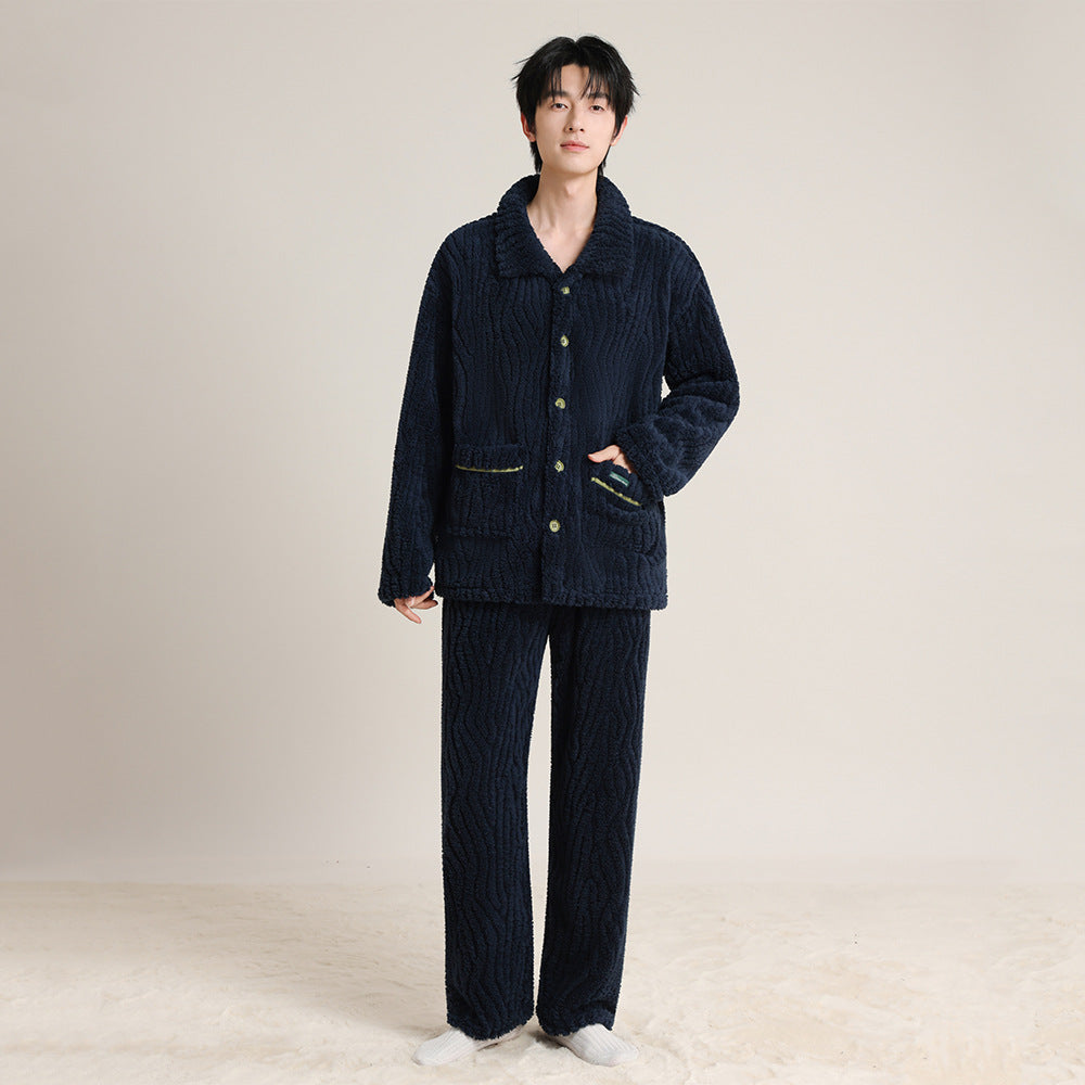 Autumn and Winter Thickeneded Warm Square Collar Lapel Pajamas Coral Velvet Cardigan Simple Wearable Home Clothes Couple Set