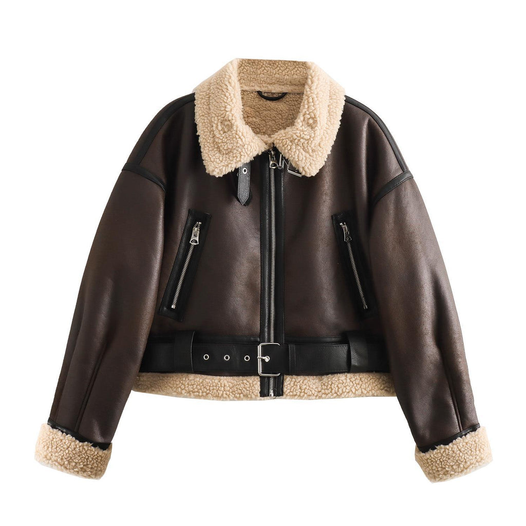 Foreign Trade Autumn and Winter New Women's Fur All-In-One Retro Motorcycle Style Short Jacket