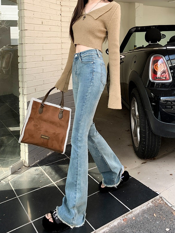 Raw Hem Pear-Shaped Body Shape Flared Jeans for Women, Spring and Autumn Design, 2025 New High-Waisted Slimming Raw Hem Bootcut Pants