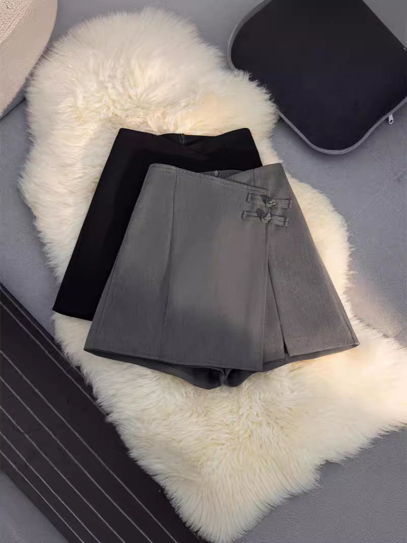 New Chinese Style National Style Pants Skirt Women's Asymmetrical 2025 Summer Fashion Suit Shorts High Waist Slimming Look A-Line Wide Leg Pants