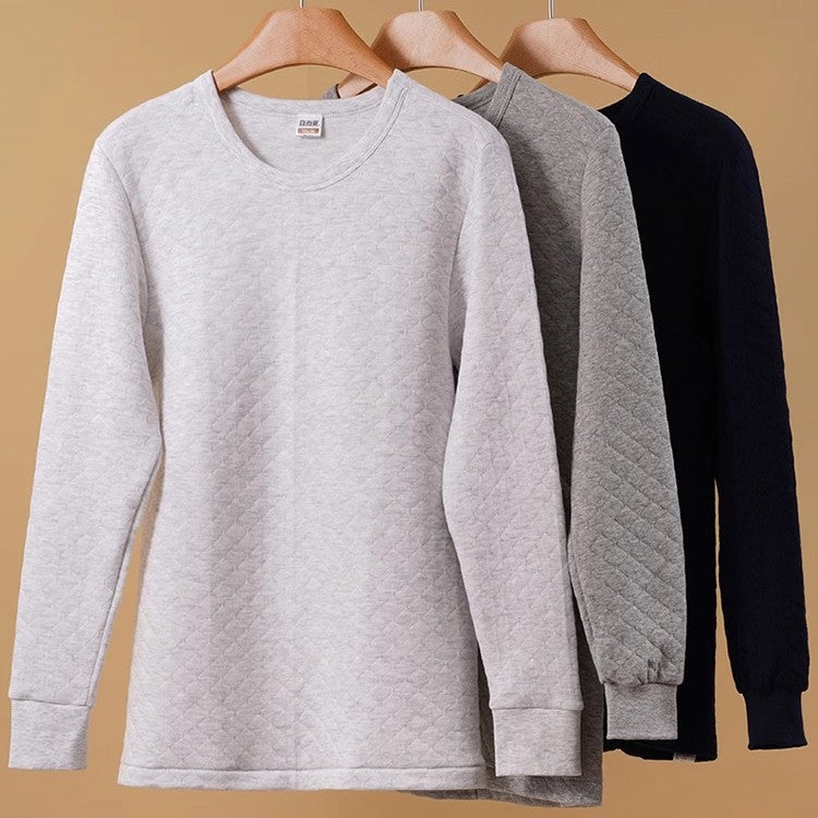 Yiershuang Men's and Women's Warm Cotton Single-piece Three-layer Round Neck Long-sleeved Shirt Trousers Air Cotton Thermal Underwear Thickened
