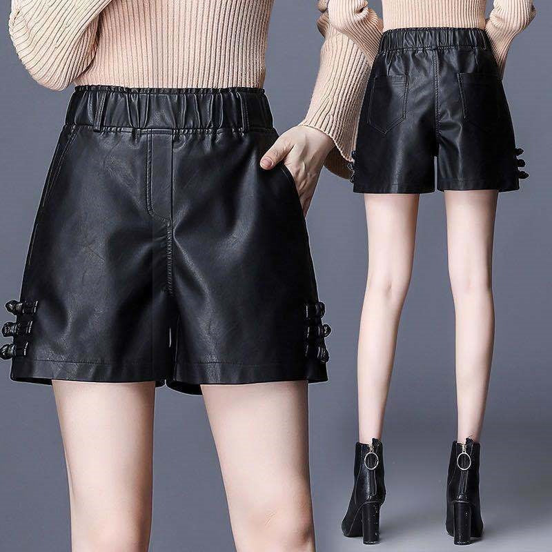 2024 New Autumn and Winter Leather Pants for Women, High-Waisted Fat Girls, Large Size Slimming Look Wide-Leg Pu Leather Shorts, Women's Leather Boot Pants, Trendy