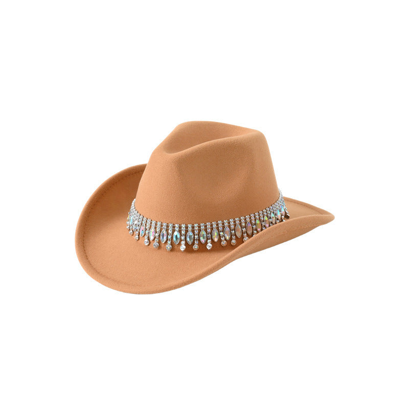 Men's and Women's European and American Elegant Hats, Unique Jazz Cowboy Hats, Tassels, Gemstones, Rhinestone Accessories, Belts, Wedding Engagement