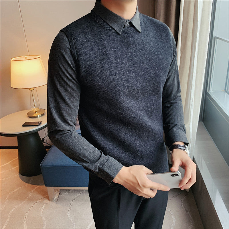 Wholesale In-Stock Men's Textured Two-Piece Knit Sweater, Slim Fit, Light Business Style, Mature Men's Professional Wear, Shirt Collar Sweater
