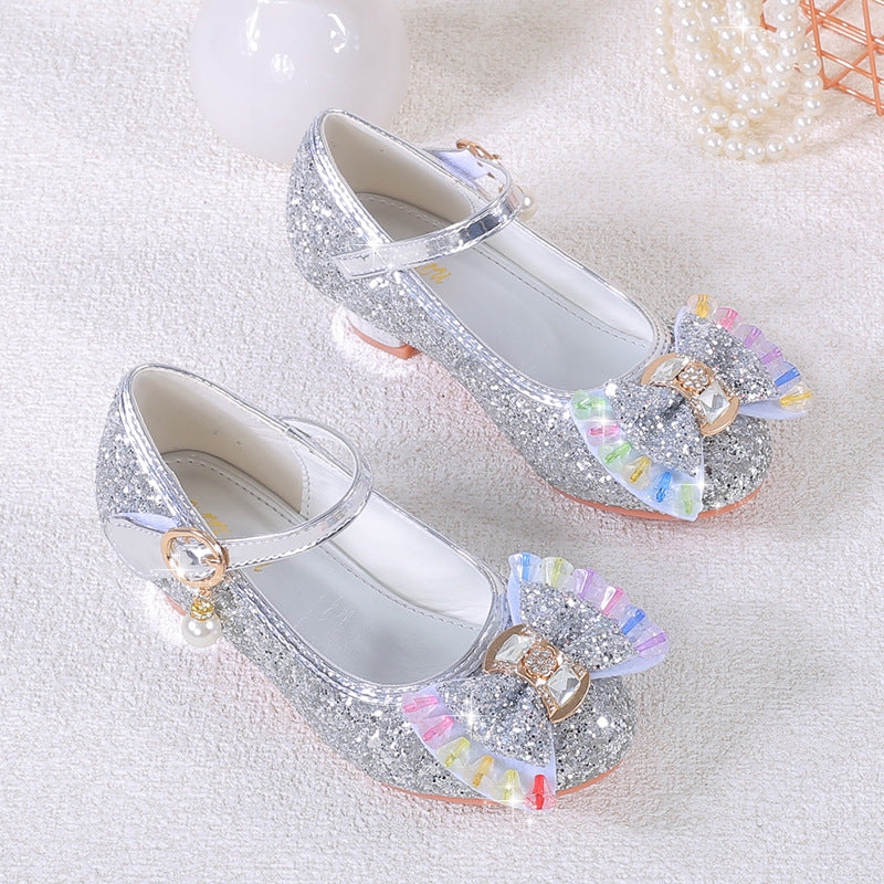 Girls' Leather Shoes Spring Dress High-heeled Single-layer Shoes for Big Children Colorful Diamond Bow Wedding Host Performance Princess Shoes