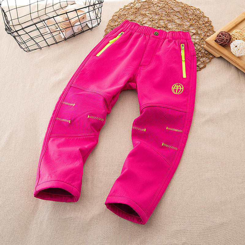 Cross-border Children Autumn and Winter Outdoor Soft Shell Rush Pants Mountaineering Jogging Pants Windproof fleece-lined Warm Pants for Boys and Girls