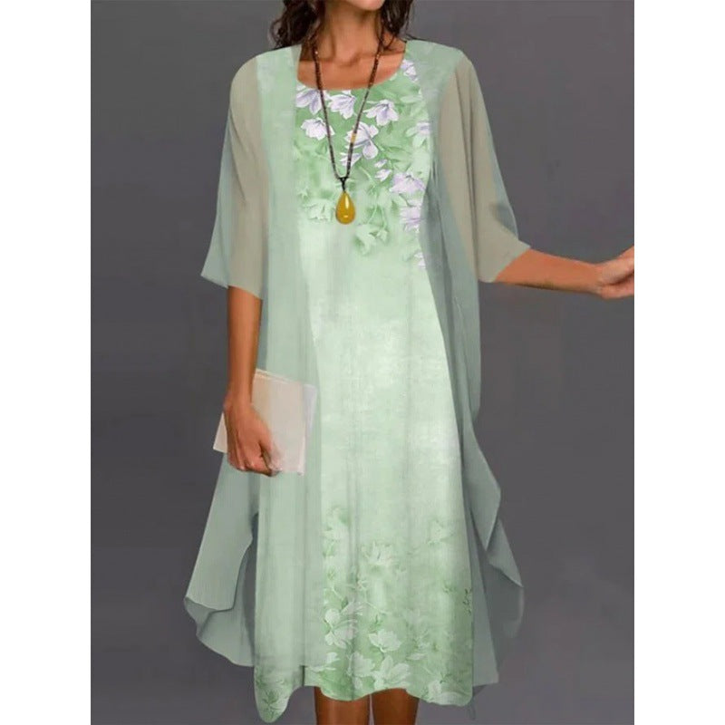 European and American Amazon Summer Women's Casual dress Two-Piece Flower-Print Round Neck Slim-Fit Dress Women