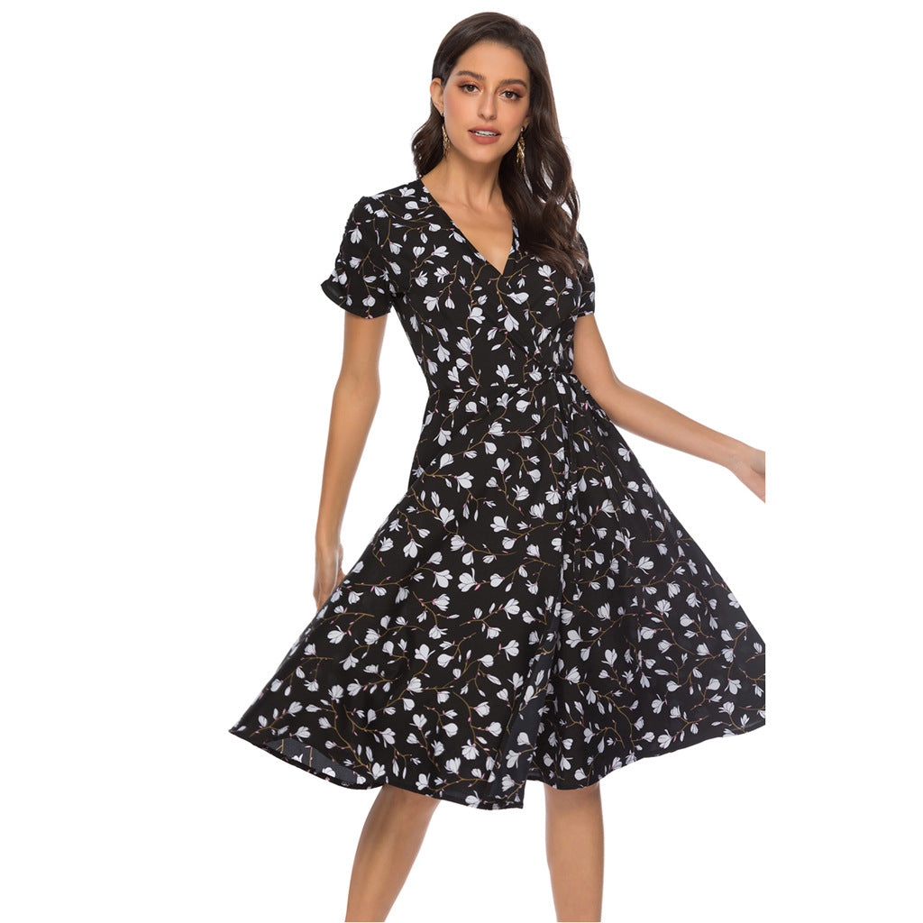 Swintager Cross-border Spring and Summer New Women's Bohemian Beach Dress Chiffon Printed dress Women