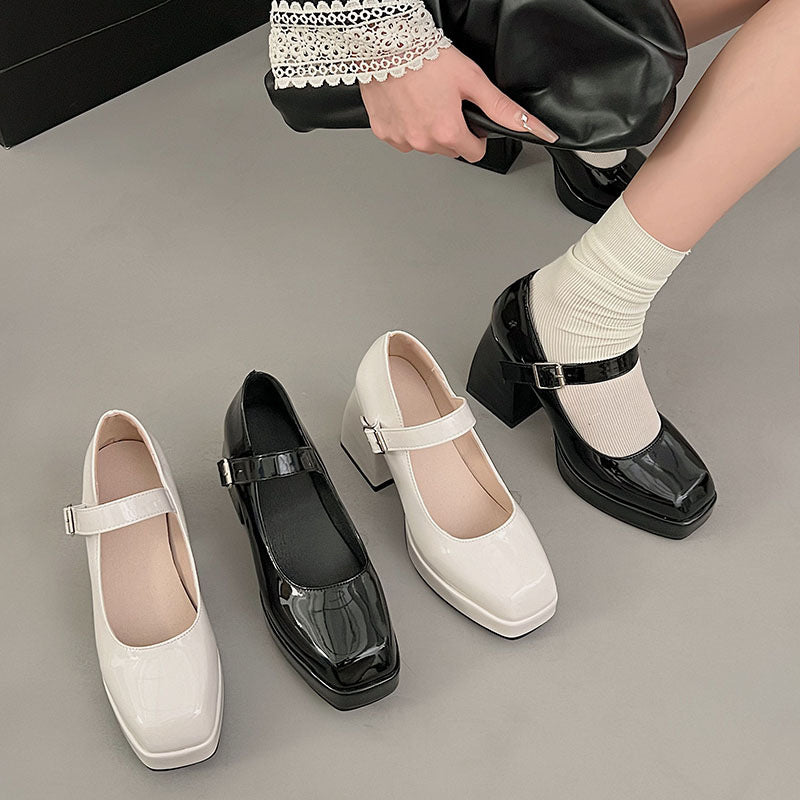 2026 New Style High-Heeled Shoes with Chunky Heels, Mary Jane Women's Shoes, Shallow Mouth Single Shoes, Women's Patent Leather Square Heel Shoes
