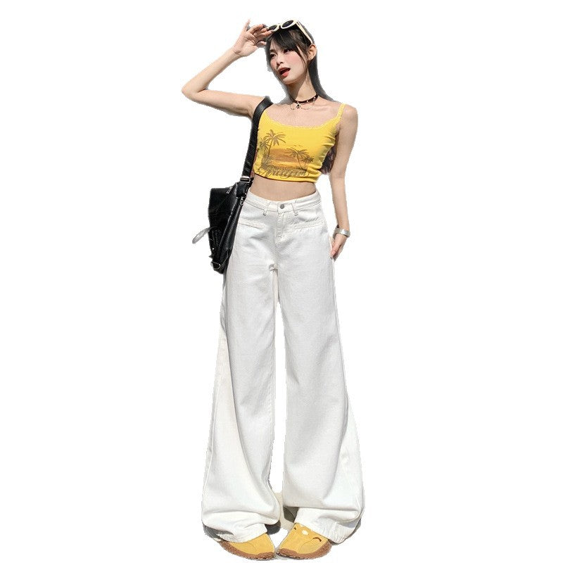 White Wide-Leg Jeans for Women 2025 Spring New High-Waisted Loose Slimming Look Lazy Draped Straight Floor-Length Pants